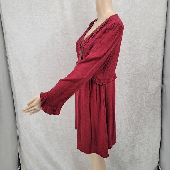 Coco + Jaimeson Maroon Pintuck Lace Detail Long Sleeve Boho Midi Dress - Picture 4 of 13